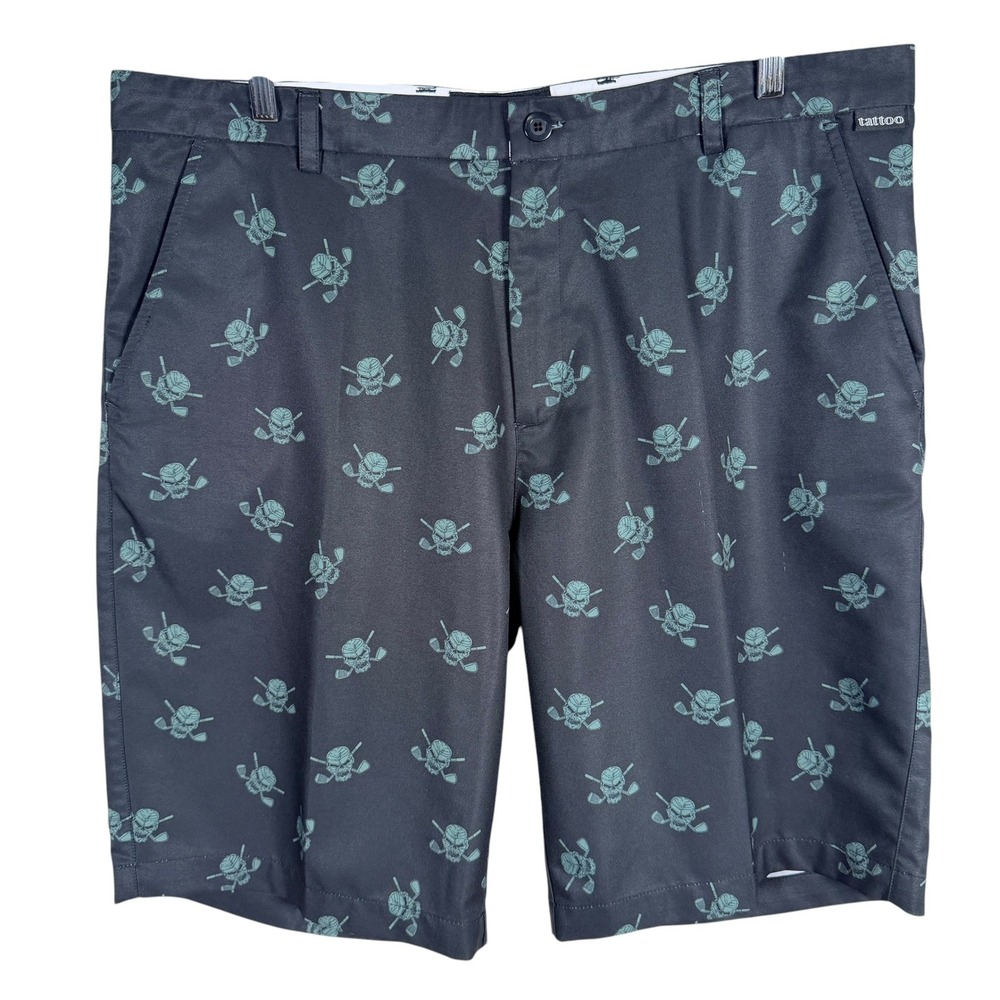 Tattoo Golf Performance Shorts Mens 38 Black Skull Crossbones Golf Clubs read